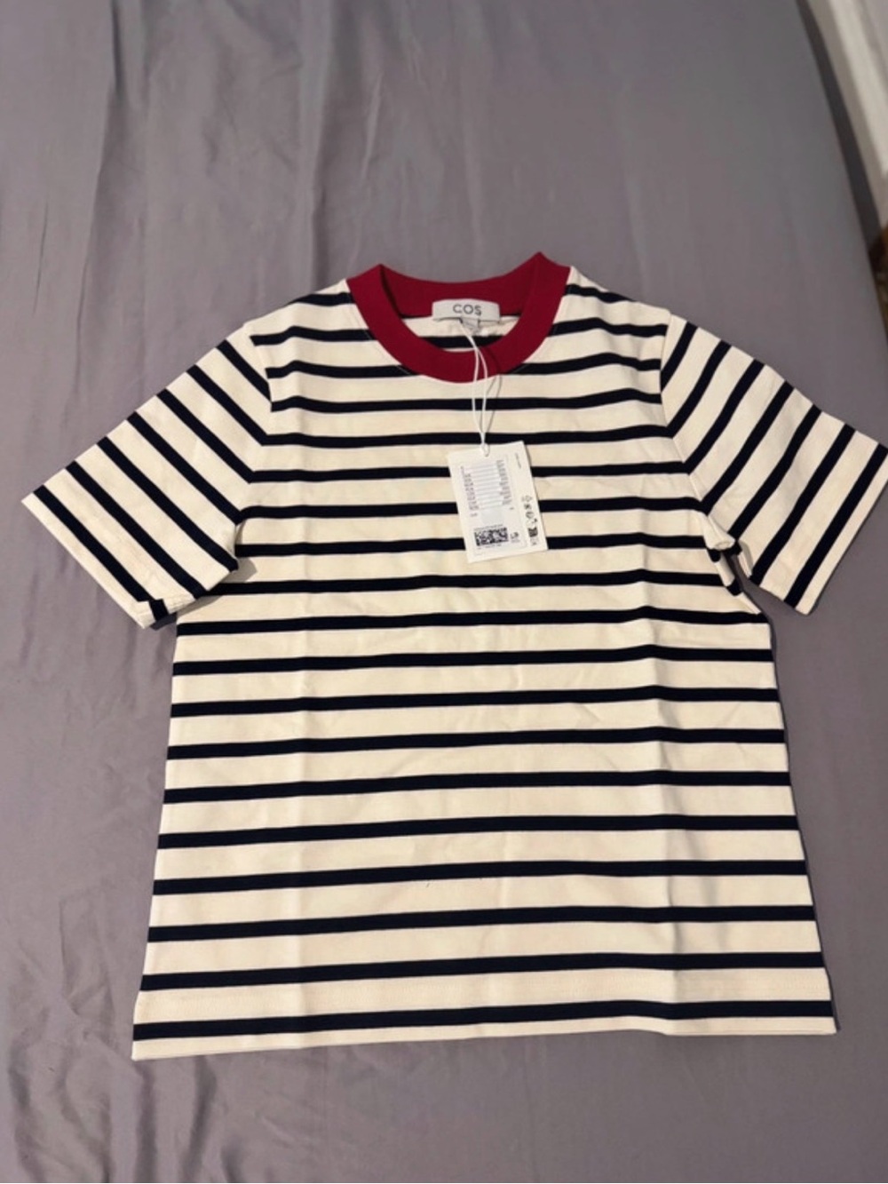 COS women Navy Striped Tee with Red Collar
